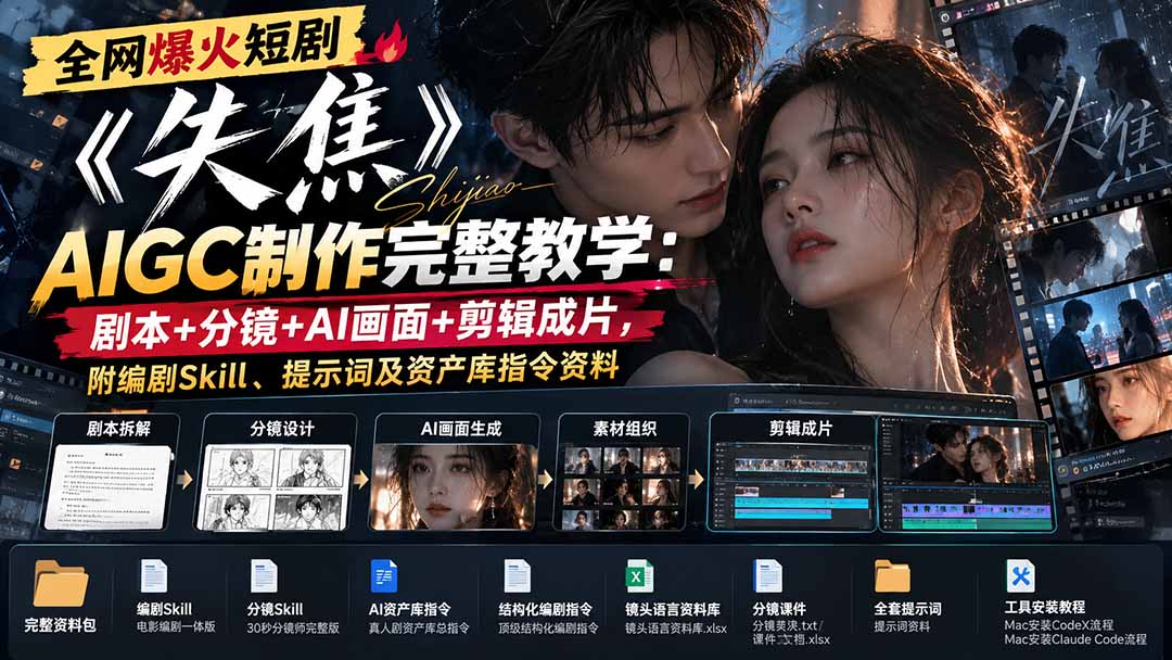 全网爆火短剧《失焦》AIGC制作完整教学：剧本+分镜+AI画面+剪辑成片，附编剧Skill、提示词及资产库指令资料网赚项目-副业赚钱-互联网创业-资源整合老八网赚资源
