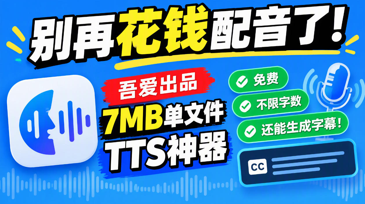 f2ba2d25f2739b6ceab2940e0cb88711.jpeg 别再花钱配音了!吾爱出品7MB单文件TTS神器,免费不限字数还能生成字幕!