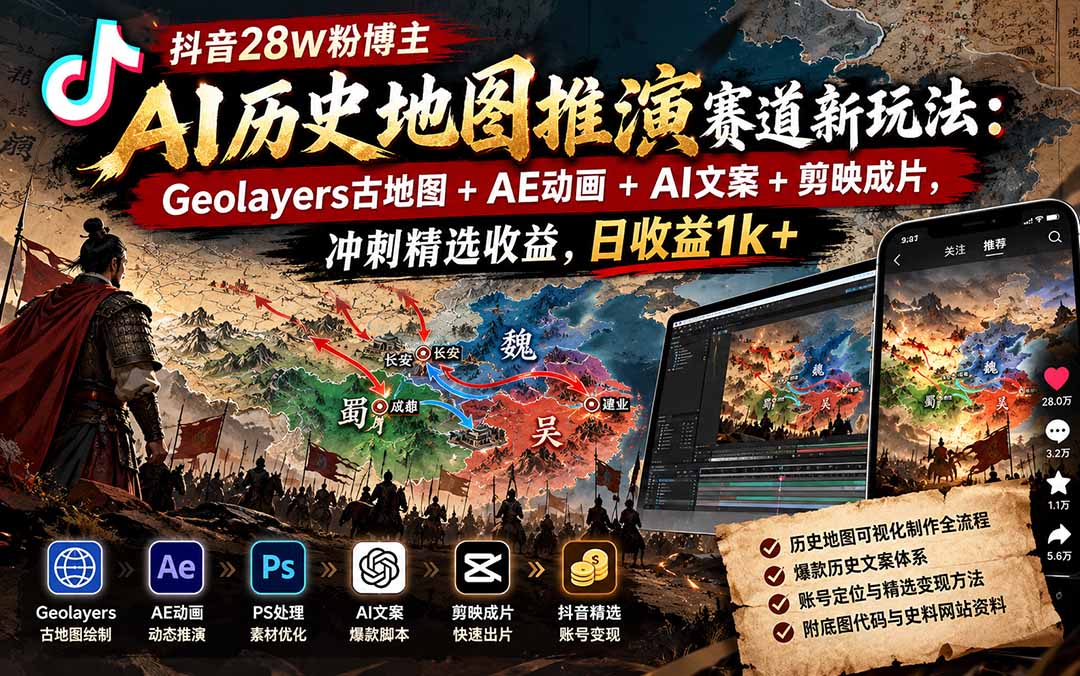 抖音28W粉博主AI历史地图推演赛道新玩法：Geolayers古地图+AE动画+AI文案+剪映成片，冲刺精选收益，日收益1k+网赚项目-副业赚钱-互联网创业-资源整合老八网赚资源