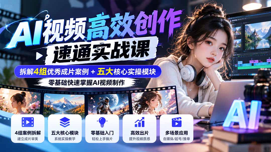 006c764cd9b02bf87eef2fbdaecbc487.jpeg 【无水印】AI视频高效创作速通实战课:拆解4组优秀成片案例+五大核心实操模块,零基础快速掌握AI视频制作