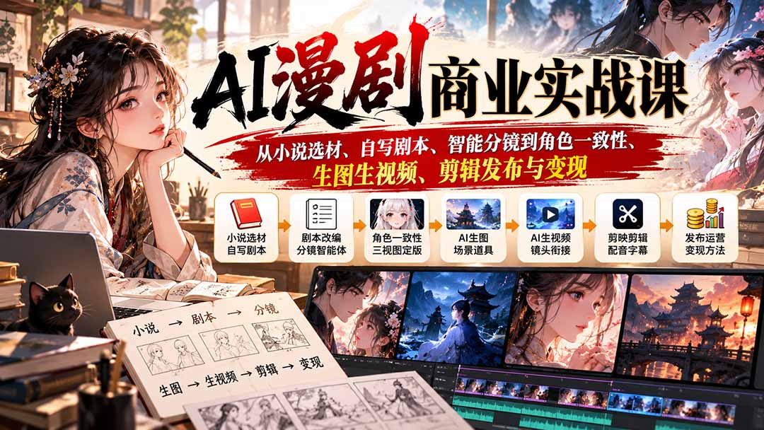 AI漫剧商业实战课：从小说选材、自写剧本、智能分镜到角色一致性、生图生视频、剪辑发布与变现网赚项目-副业赚钱-互联网创业-资源整合老八网赚资源