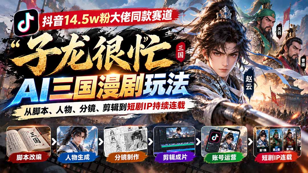 36f2a78fdfe541a76917efce20d8b5f3.jpeg 抖音14.5w粉大佬同款赛道「子龙很忙」AI三国漫剧玩法:从脚本、人物、分镜、剪辑到短剧IP持续连载