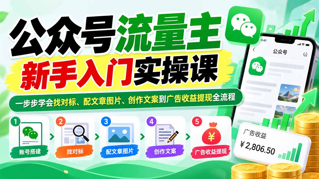 482585752e36ff4e185f6354886d32c6.jpeg 公众号流量主新手入门实操课:一步步学会找对标、配文章图片、创作文案到广告收益提现全流程