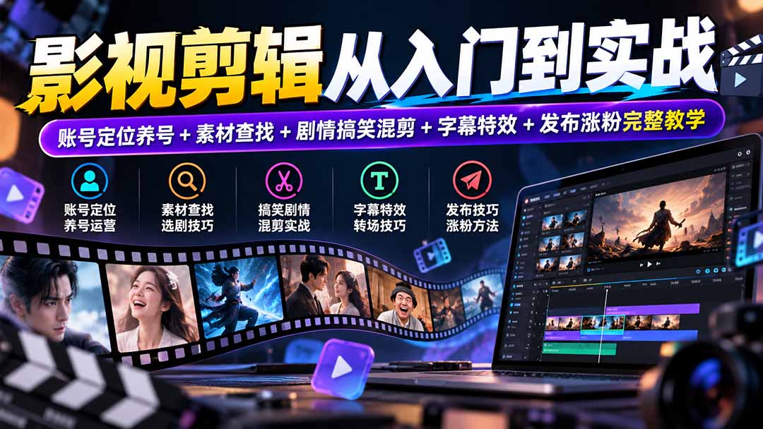影视剪辑从入门到实战：账号定位养号+素材查找+剧情搞笑混剪+字幕特效+发布涨粉完整教学网赚项目-副业赚钱-互联网创业-资源整合老八网赚资源