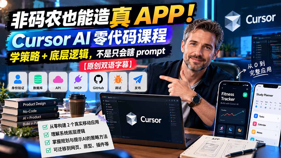 非码农也能造真 APP！Cursor AI 零代码课程：学策略 + 底层逻辑，不是只会瞎 prompt【原创双语字幕】网赚项目-副业赚钱-互联网创业-资源整合老八网赚资源