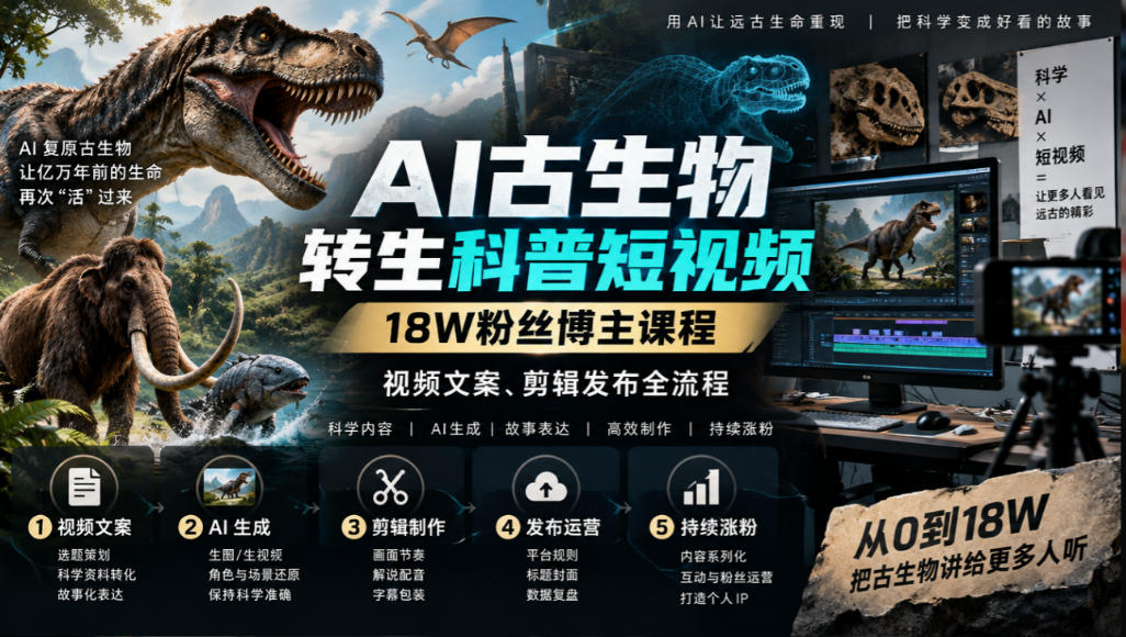 AI古生物转生科普短视频，18W粉丝博主课程，视频文案、剪辑发布全流程网赚项目-副业赚钱-互联网创业-资源整合老八网赚资源