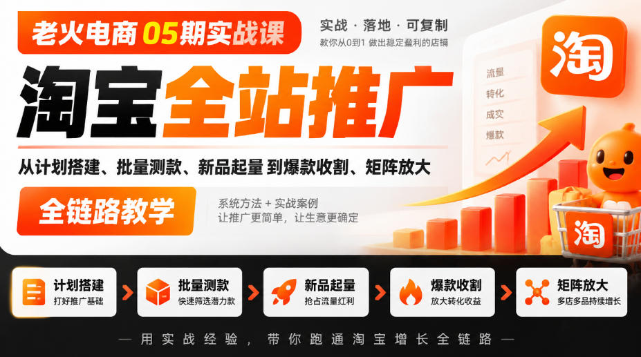 老火电商05期实战课｜淘宝全站推广从计划搭建、批量测款、新品起量到爆款收割、矩阵放大全链路教学网赚项目-副业赚钱-互联网创业-资源整合老八网赚资源