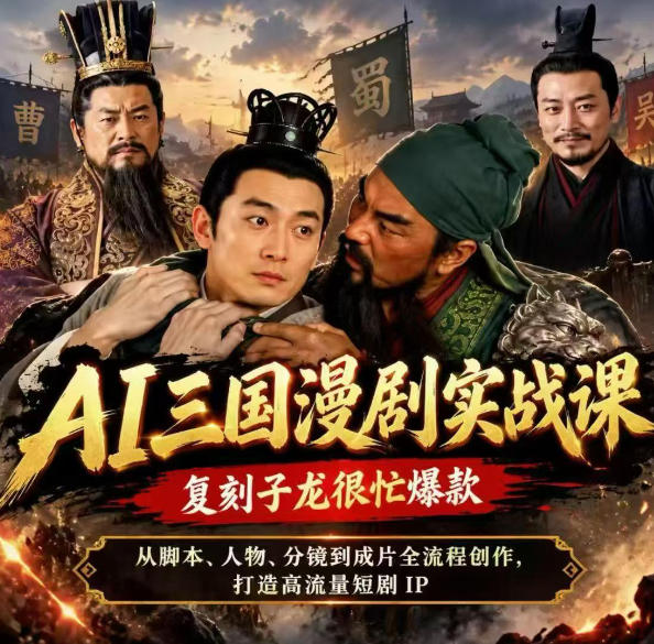 97bf08d02680394cdb381df0d9b2854d.jpeg 抖音14W粉博主同款AI三国漫剧实战课,复刻子龙很忙爆款,从脚本、人物、分镜到成片全流程创作,打造高流量短剧IP