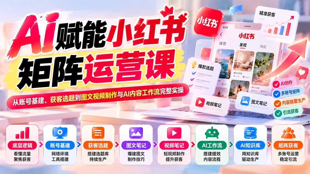 9b74ecebd9077fce6750fcb85242acee.jpeg AI赋能小红书矩阵运营课:从账号基建、获客选题到图文视频制作与AI内容工作流完整实操