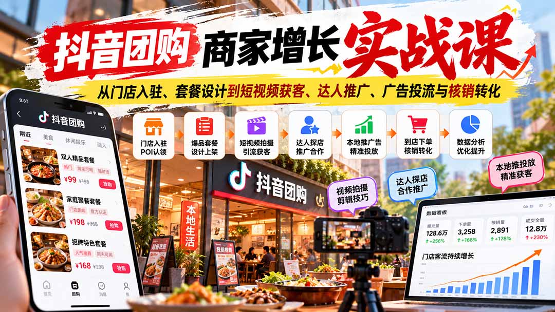 9de049c39bb2a1a33164e5fd88c2c21a.jpeg 抖音团购商家增长实战课:从门店入驻、套餐设计到短视频获客、达人推广、广告投流与核销转化
