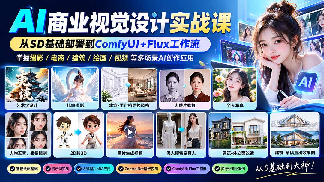 a4040b724390562d1de6bf74c9d42159.jpeg 【无水印】AI商业视觉设计实战课:从SD基础部署到ComfyUI+Flux工作流,掌握摄影电商建筑AI创作