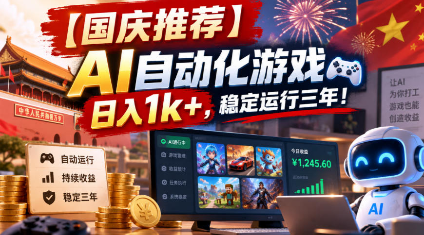 【国庆推荐】AI自动化游戏，日入1k+，操作简单，稳定运行三年！【揭秘】网赚项目-副业赚钱-互联网创业-资源整合老八网赚资源