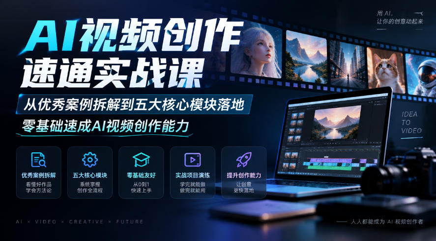 AI视频创作速通实战课｜从优秀案例拆解到五大核心模块落地，零基础速成AI视频创作能力网赚项目-副业赚钱-互联网创业-资源整合老八网赚资源
