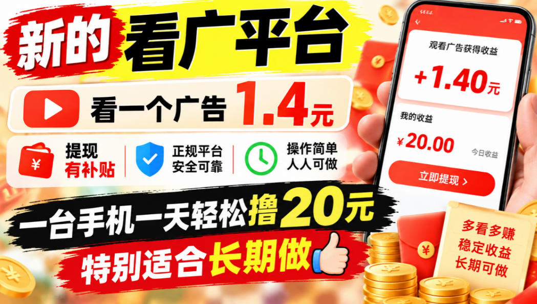 e9433c75eca4eea796d6e93a5d19ea36.jpeg 一个新的看广平台,看一个广告1.4元,提现有补贴,一台手机一天轻松撸20+,特别适合长期做【揭秘】