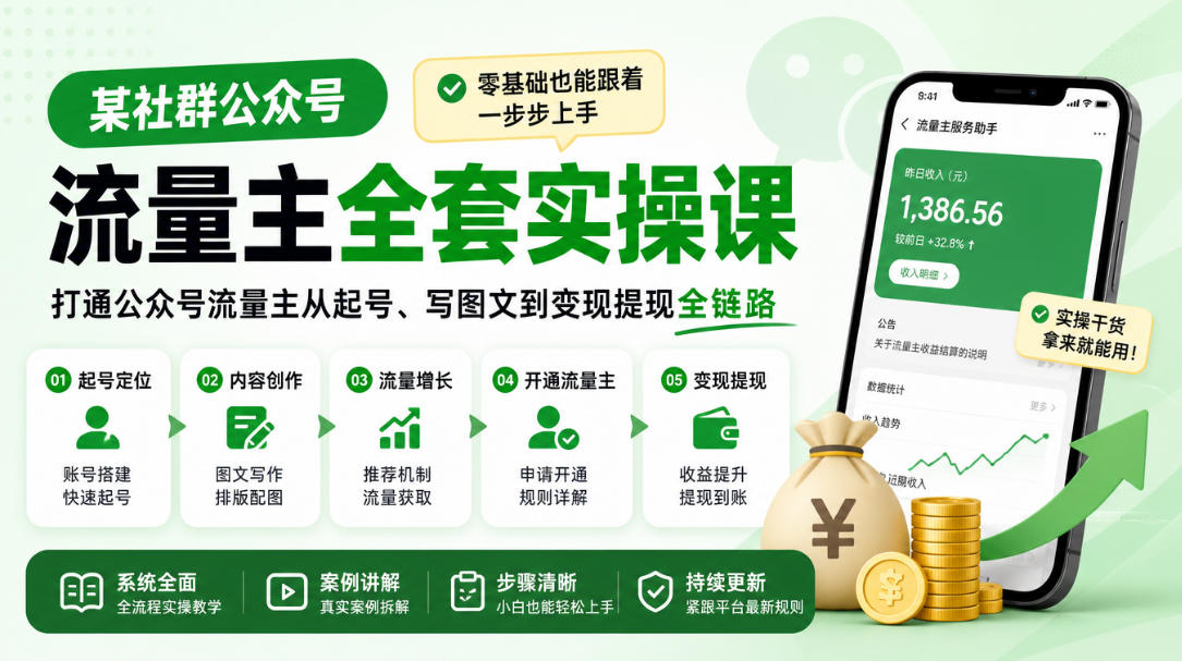 ed33634ba570a0bcef86233a4f8dad99.jpeg 某社群公众号流量主全套实操课,零基础也能跟着一步步上手,打通公众号流量主从起号、写图文到变现提现全链路