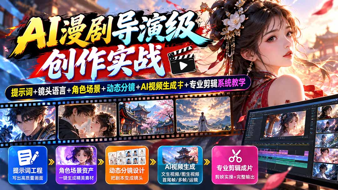 AI漫剧导演级创作实战：提示词+镜头语言+角色场景+动态分镜+AI视频生成+专业剪辑系统教学网赚项目-副业赚钱-互联网创业-资源整合老八网赚资源