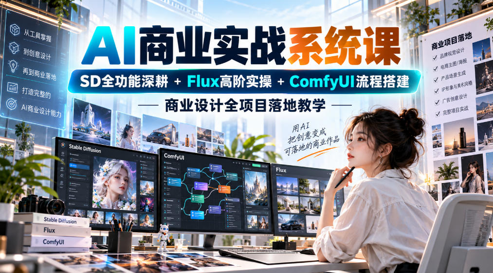 fbf1bfafe580c9a080f71f12e25d3f7a.jpeg AI商业实战系统课|SD全功能深耕+Flux高阶实操+Comfyui流程搭建,商业设计全项目落地教学