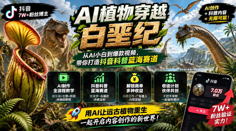 抖音7W粉丝博主的AI植物穿越白垩纪教学，抖音科普蓝海赛道，解锁商单收徒伙伴计划等多种收益网赚项目-副业赚钱-互联网创业-资源整合老八网赚资源