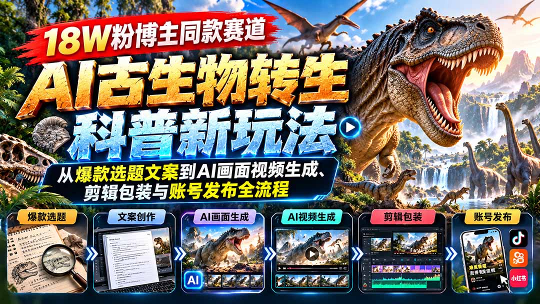 18W粉博主同款赛道-AI古生物转生科普新玩法：从爆款选题文案到AI画面视频生成、剪辑包装与账号发布全流程