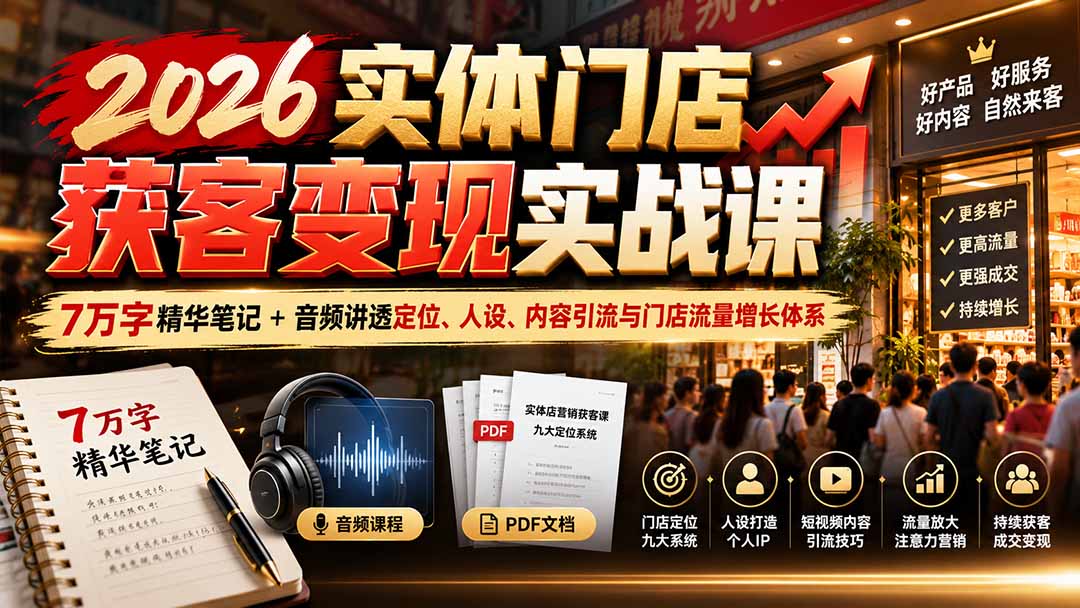 81804dc0e62f3996684a45f8e7989761.jpeg 2026实体门店获客变现实战课:7万字精华笔记+音频讲透定位、人设、内容引流与门店流量增长体系
