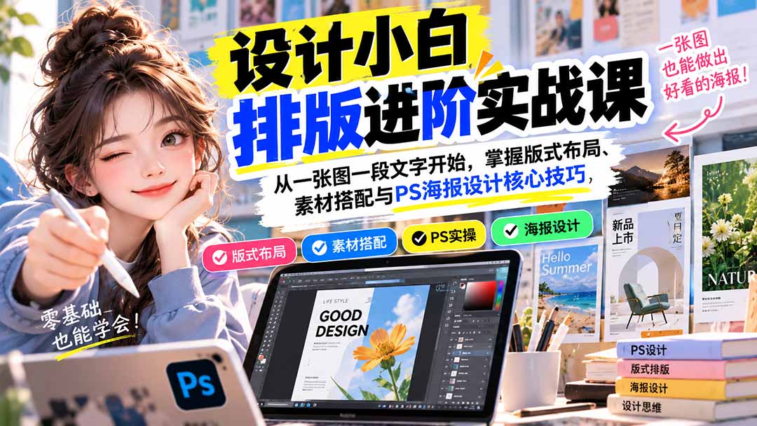 设计小白排版进阶实战课：从一张图一段文字开始，掌握版式布局、素材搭配与PS海报设计核心技巧网赚项目-副业赚钱-互联网创业-资源整合老八网赚资源