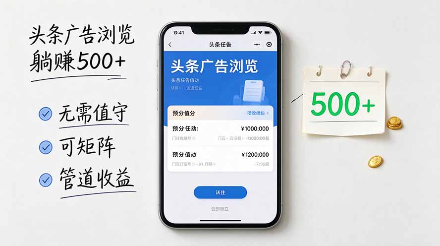 头条广告浏览躺赚500+无需值守，可矩阵并附有管道收益网赚项目-副业赚钱-互联网创业-资源整合老八网赚资源