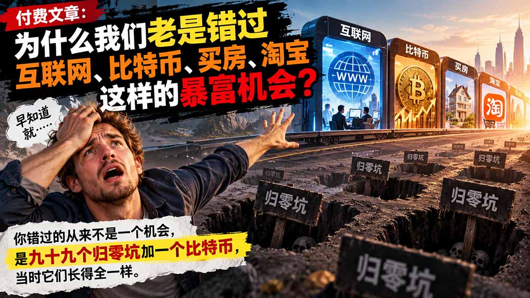 付费文章：为什么我们老是错过互联网、比特币、买 房、淘宝这样的暴富机会？网赚项目-副业赚钱-互联网创业-资源整合老八网赚资源