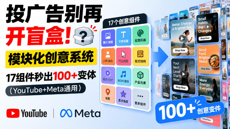 db4cd0e84f2bb7f2da4712338a848196.jpeg 投广告别再开盲盒!模块化创意系统,17组件秒出100+变体(YouTube+Meta通用)【原创双语字幕】