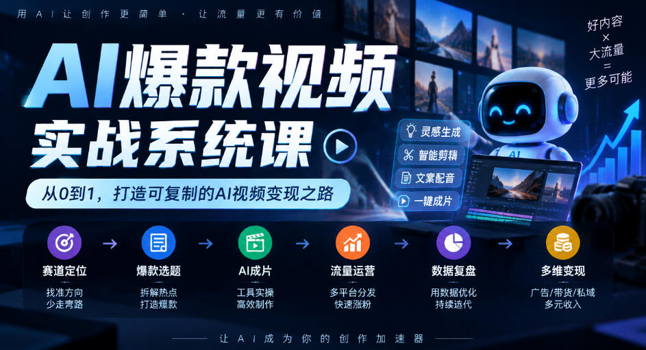 AI爆款视频实战系统课｜赛道定位、爆款选题、AI成片、流量运营、数据复盘、多维变现全链路教学网赚项目-副业赚钱-互联网创业-资源整合老八网赚资源