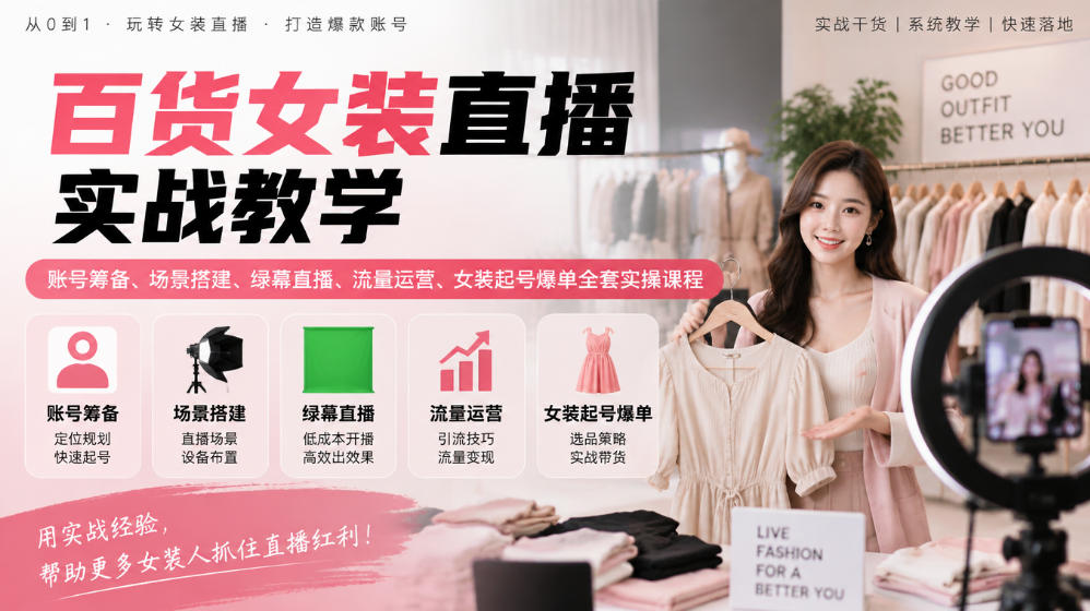 3c9d4bed1b17e0d3a7cce8b3a2d5c095.jpeg 百货女装直播实战教学|账号筹备、场景搭建、绿幕直播、流量运营、女装起号爆单全套实操课程
