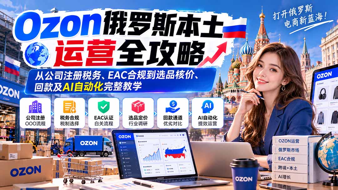 Ozon俄罗斯本土运营全攻略：从公司注册税务、EAC合规到选品核价、回款及AI自动化完整教学网赚项目-副业赚钱-互联网创业-资源整合老八网赚资源