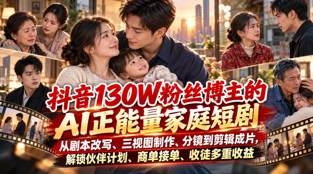 抖音130W粉丝博主的AI正能量家庭短剧，从剧本改写、三视图制作、分镜到剪辑成片，解锁伙伴计划、商单接单、收徒多重收益(更新1007)网赚项目-副业赚钱-互联网创业-资源整合老八网赚资源