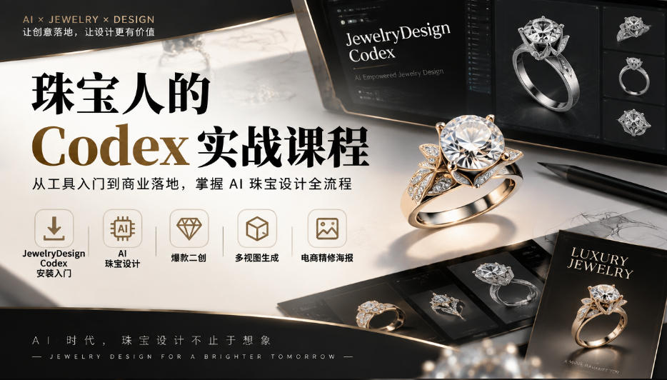 e9f24a9529a050ff24fbd25d93c6ba8f.jpeg 珠宝人的Codex实战课程|JewelryDesign Codex安装入门、AI珠宝设计、爆款二创、多视图生成、电商精修海报全链路教学
