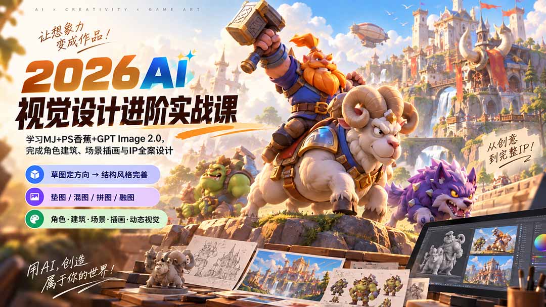2026AI视觉设计进阶实战课-更新1007：学习MJ+PS香蕉+GPT Image 2.0，完成角色建筑、场景插画与IP全案设计网赚项目-副业赚钱-互联网创业-资源整合老八网赚资源