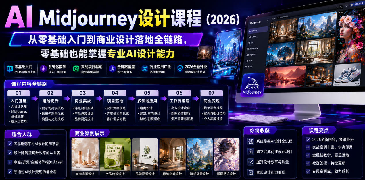 AI Midjourney设计课程(2026)，从零基础入门到商业设计落地全链路，零基础也能掌握专业AI设计能力(更新1007)网赚项目-副业赚钱-互联网创业-资源整合老八网赚资源