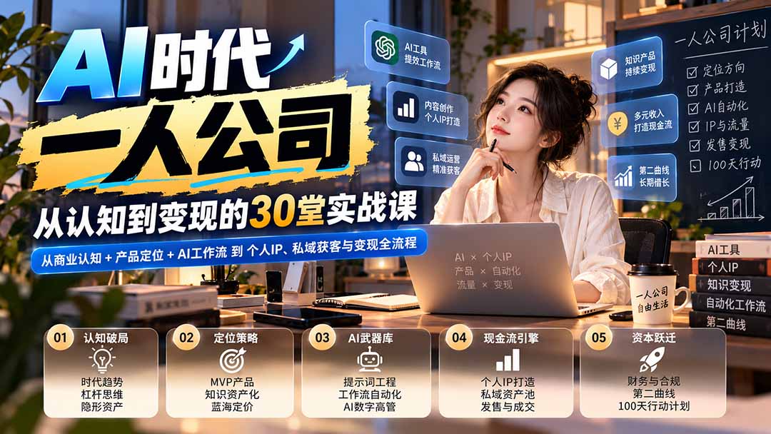 【无水印】AI时代一人公司30堂实战课：从商业认知+产品定位+AI工作流到个人IP、私域获客与变现全流程网赚项目-副业赚钱-互联网创业-资源整合老八网赚资源