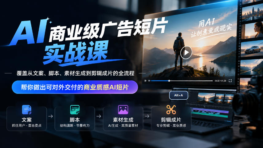AI商业级广告短片实战课，覆盖从文案、脚本、素材生成到剪辑成片的全流程，帮你做出可对外交付的商业质感AI短片网赚项目-副业赚钱-互联网创业-资源整合老八网赚资源