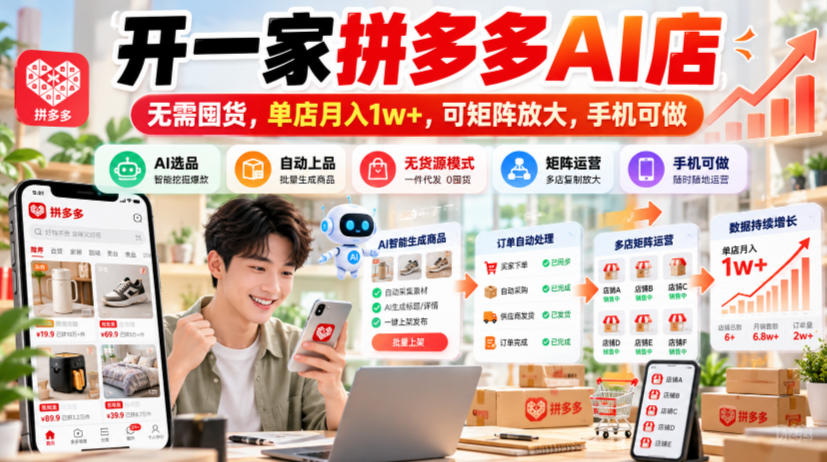 开一家拼多多AI店，无需囤货，单店月入1w+，可矩阵放大，手机可做【揭秘】网赚项目-副业赚钱-互联网创业-资源整合老八网赚资源