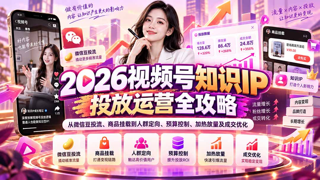 2026视频号知识IP投放运营全攻略：从微信豆投流、商品挂载到人群定向、预算控制、加热放量及成交优化网赚项目-副业赚钱-互联网创业-资源整合老八网赚资源