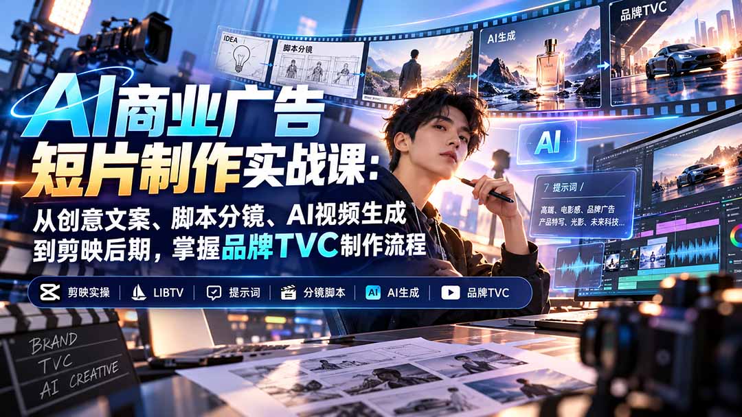 7d426d0a3f19c7d2d8104f575618f127.jpeg AI商业广告短片制作实战课:从创意文案、脚本分镜、AI视频生成到剪映后期,掌握品牌TVC制作流程