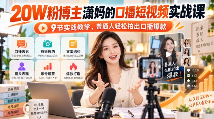 20W粉博主潇妈的口播短视频实战课，9节实战教学，普通人轻松拍出口播爆款网赚项目-副业赚钱-互联网创业-资源整合老八网赚资源