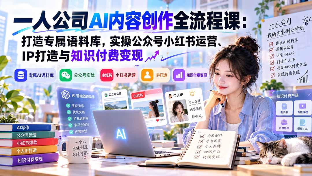 83736355a8239a68786c909b7c5b9741.jpeg 一人公司AI内容创作全流程课:打造专属语料库,实操公众号小红书运营、IP打造与知识付费变现方法论