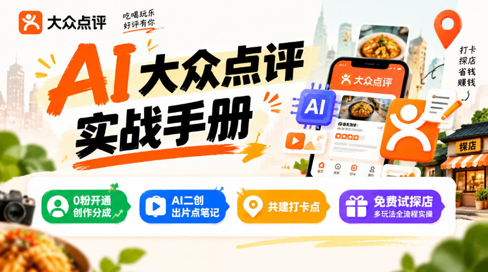 989c834ba6b425b3423de7bd122c45d8.jpeg 某局的AI大众点评实战手册,0粉开通创作分成、AI二创出片点笔记、共建打卡点、免费试探店多玩法全流程实操