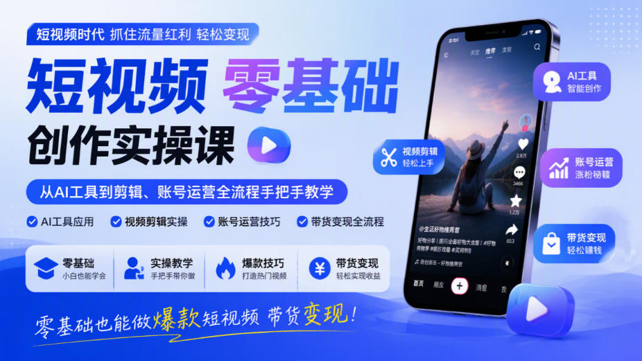 短视频零基础创作实操课，从AI工具到剪辑、账号运营全流程手把手教学，零基础也能做爆款短视频带货变现网赚项目-副业赚钱-互联网创业-资源整合老八网赚资源