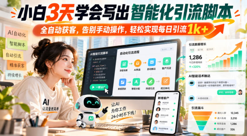 小白3天学会写出智能化引流脚本，全自动获客，告别手动操作，轻松实现每日引流1k+网赚项目-副业赚钱-互联网创业-资源整合老八网赚资源