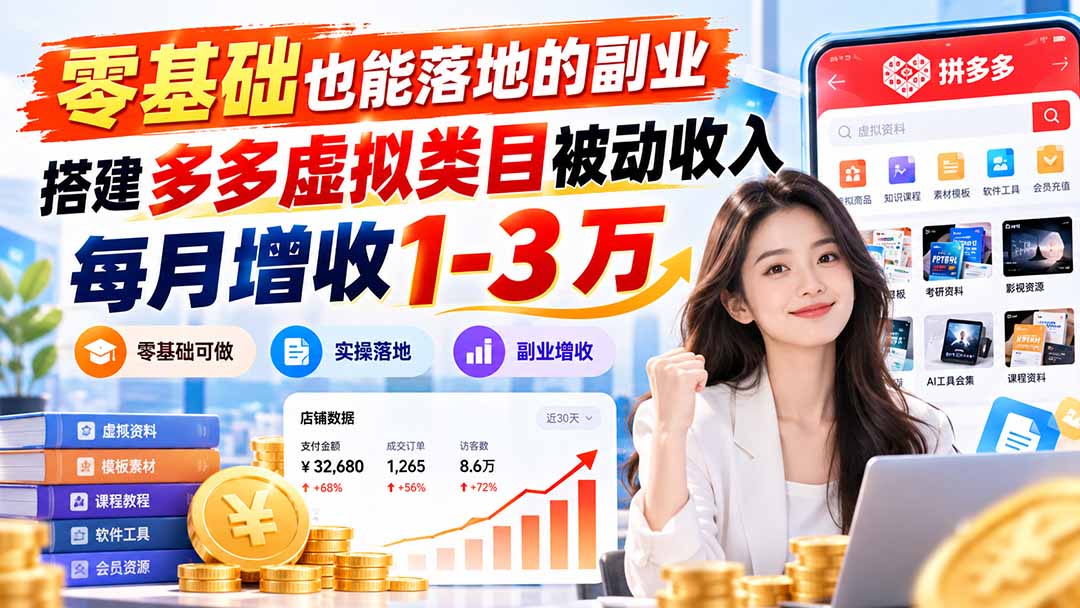 零基础也能落地的副业，搭建多多虚拟类目被动收入，每月增收 1-3 万网赚项目-副业赚钱-互联网创业-资源整合老八网赚资源