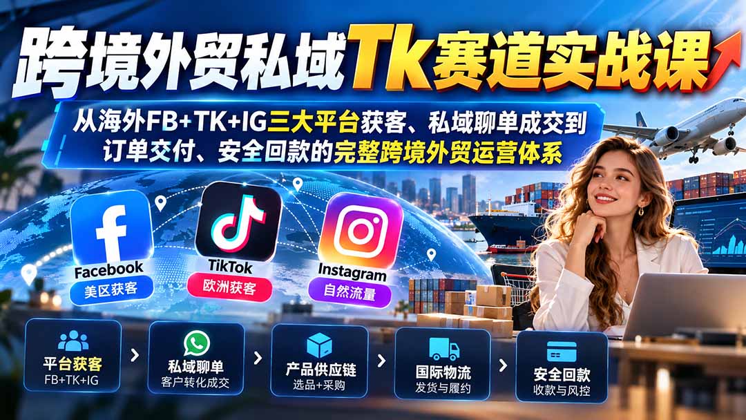 38f5e3a6d7e857e2085cde08e0ea0531.jpeg 跨境外贸私域Tk赛道实战课:从海外FB+TK+IG三大平台获客、私域聊单成交到订单交付、安全回款的完整跨境外贸运营体系