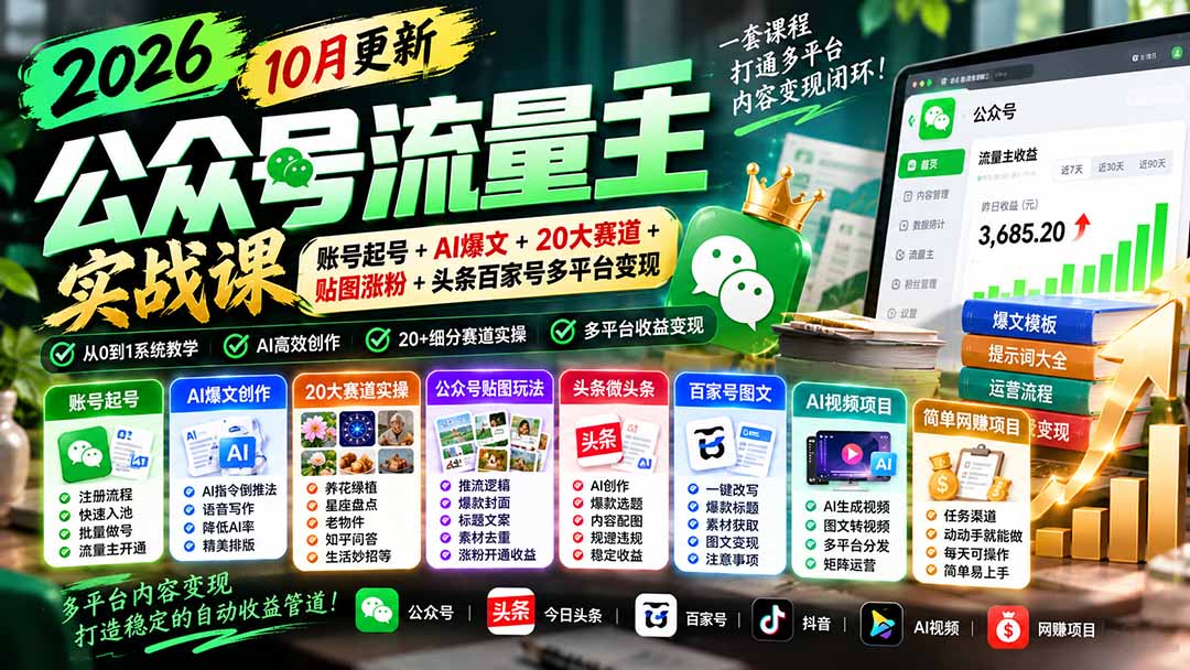 47923a74a9ffe4c381b32c96c893e913.jpeg 2026公众号流量主实战课-10月更新:账号起号+AI爆文+20大赛道+贴图涨粉+头条百家号多平台变现