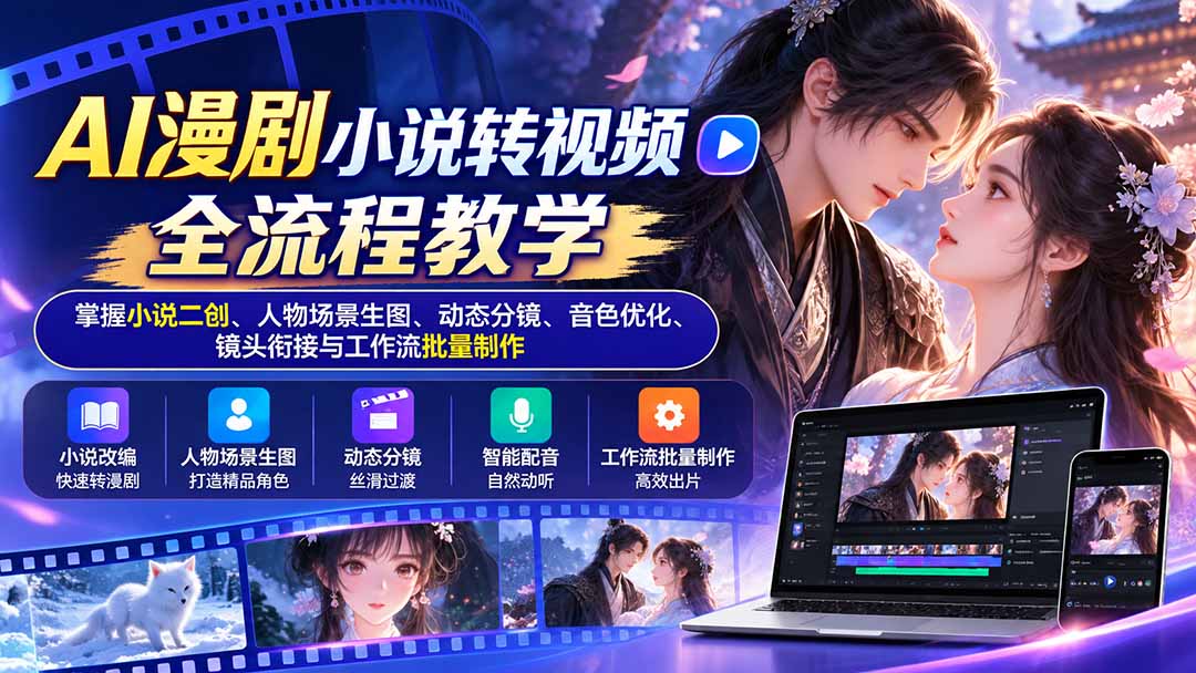 4c428cc5c8c514ba52f964a72d896474.jpeg AI漫剧小说转视频全流程教学:掌握小说二创、人物场景生图、动态分镜、音色优化、镜头衔接与工作流批量制作