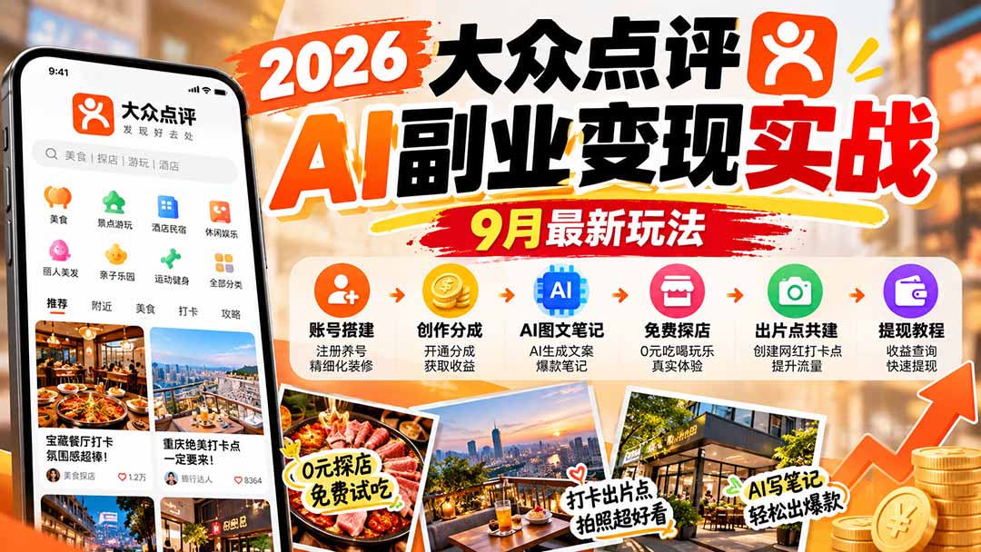 4cb381a3c9aaa1ad3ae1d3f19360c56a.jpeg 2026大众点评AI副业变现实战9月最新玩法:账号搭建+创作分成+AI图文笔记+免费探店+出片点共建与提现教程